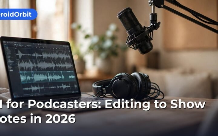 AI for podcasters workflow showing automated editing, filler removal and chapters on a studio monitor