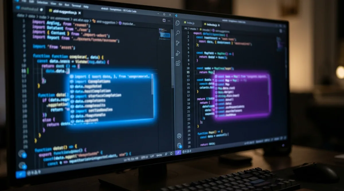 Graphic illustrating Amazon Q Developer vs GitHub Copilot comparison for 2026
