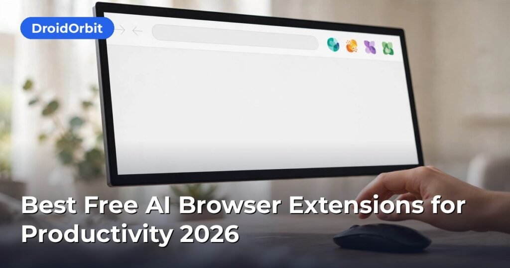 Best free AI browser extensions for productivity with writing and research icons in a Chrome toolbar