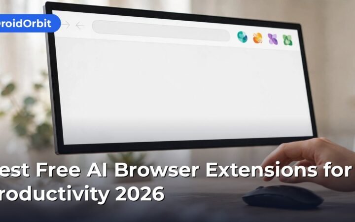 Best free AI browser extensions for productivity with writing and research icons in a Chrome toolbar