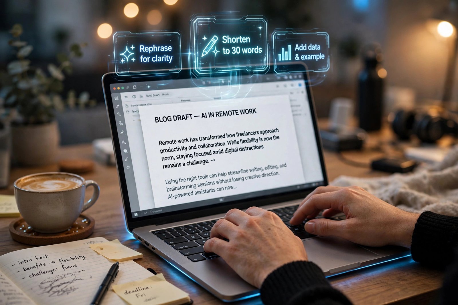 Freelancer using an AI writing assistant on a laptop