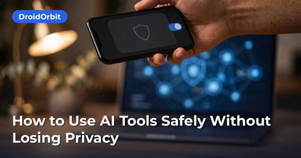Illustration of using AI tools safely with privacy shields protecting personal data on devices