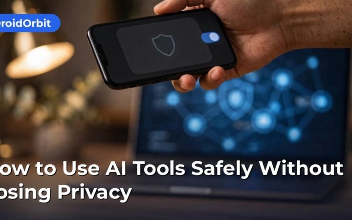 Illustration of using AI tools safely with privacy shields protecting personal data on devices