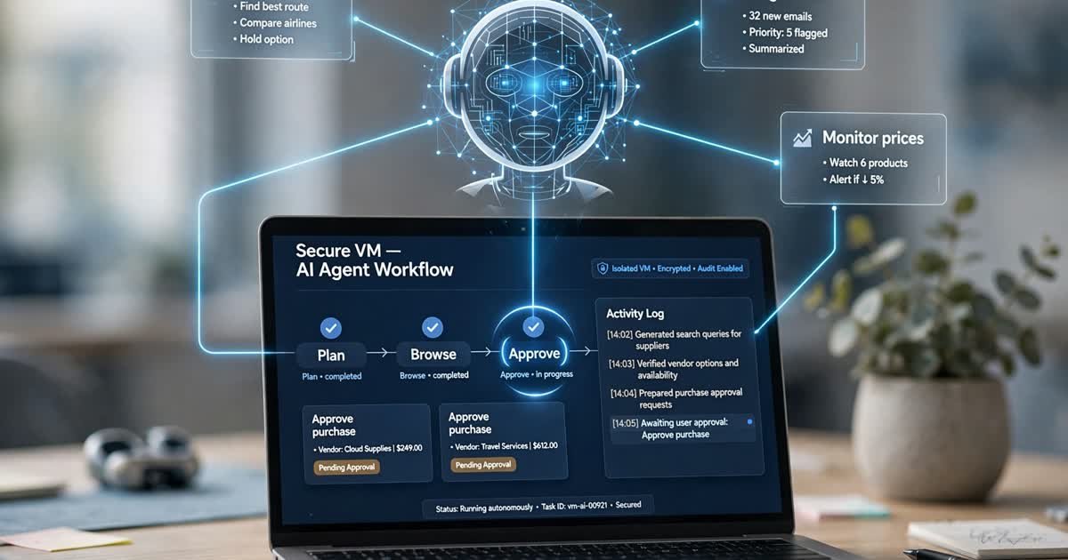 muse ai - visualization of the agentic execution loop running on a secure VM with approval cards and activity log