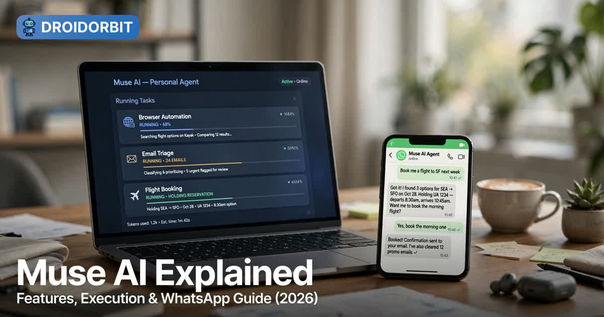 muse ai - hero image showing a laptop with the Muse AI agent dashboard executing tasks beside a phone with an agent chat