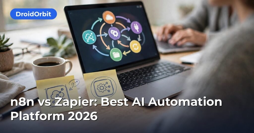 n8n vs Zapier comparison with side-by-side automation canvases and connected AI workflow nodes on dual screens