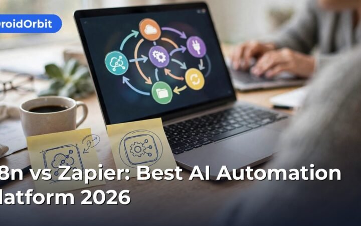 n8n vs Zapier comparison with side-by-side automation canvases and connected AI workflow nodes on dual screens