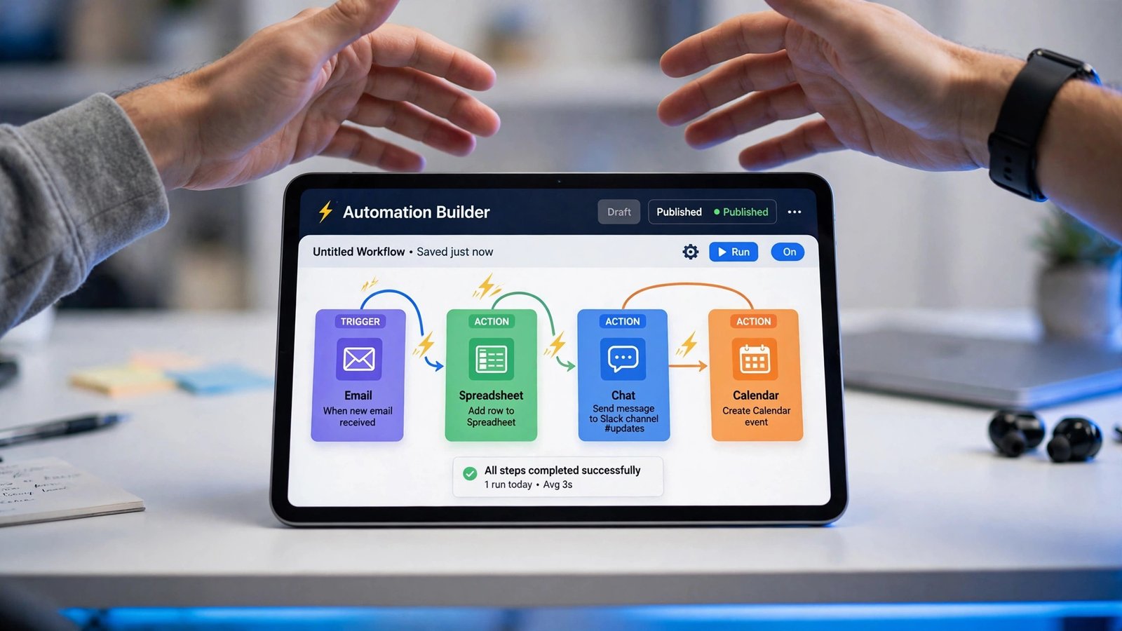 Visual no-code automation builder connecting apps in a workflow