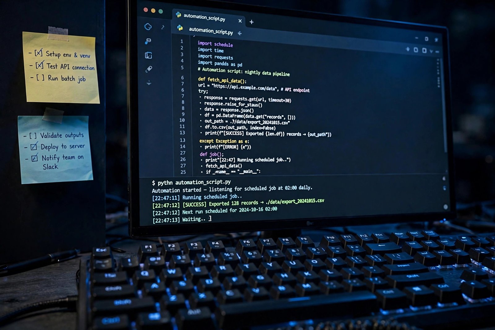 A Python automation script open in a code editor on a monitor